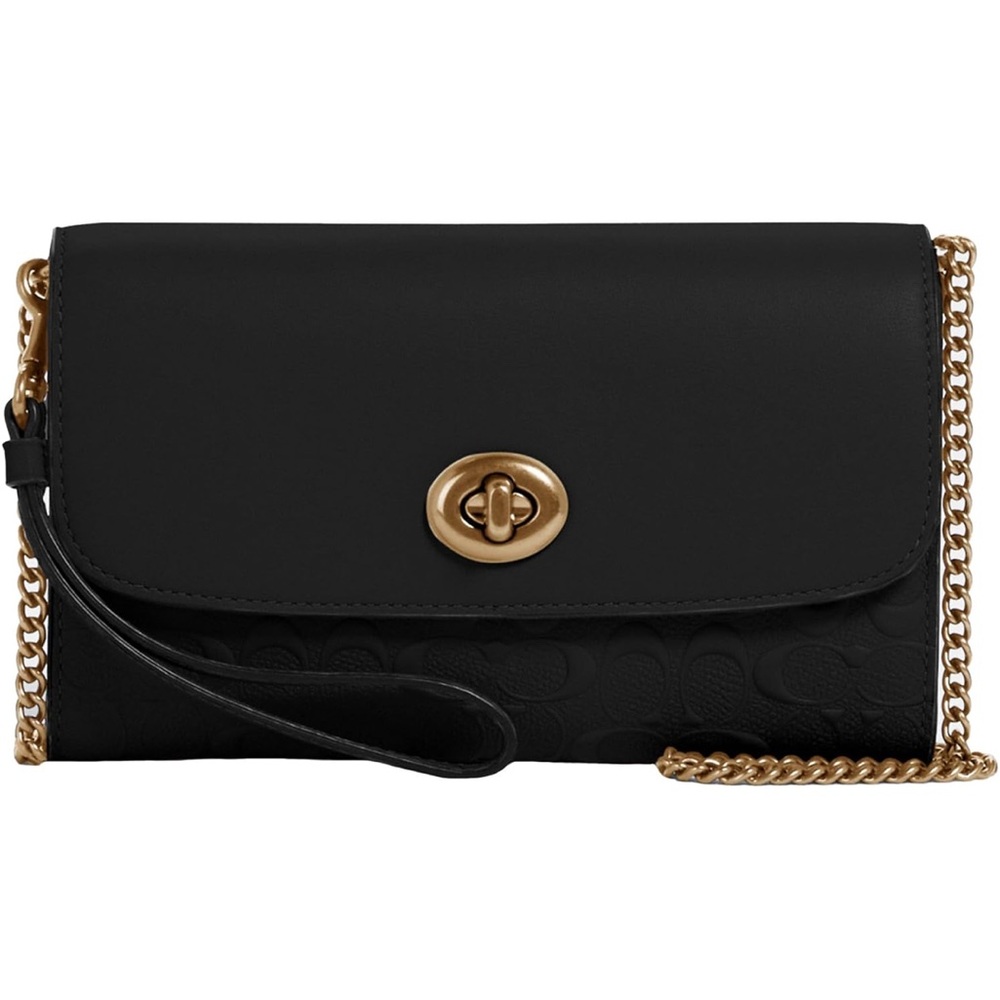 Coach Womens Signature Leather Chain Crossbody - Black/Gold